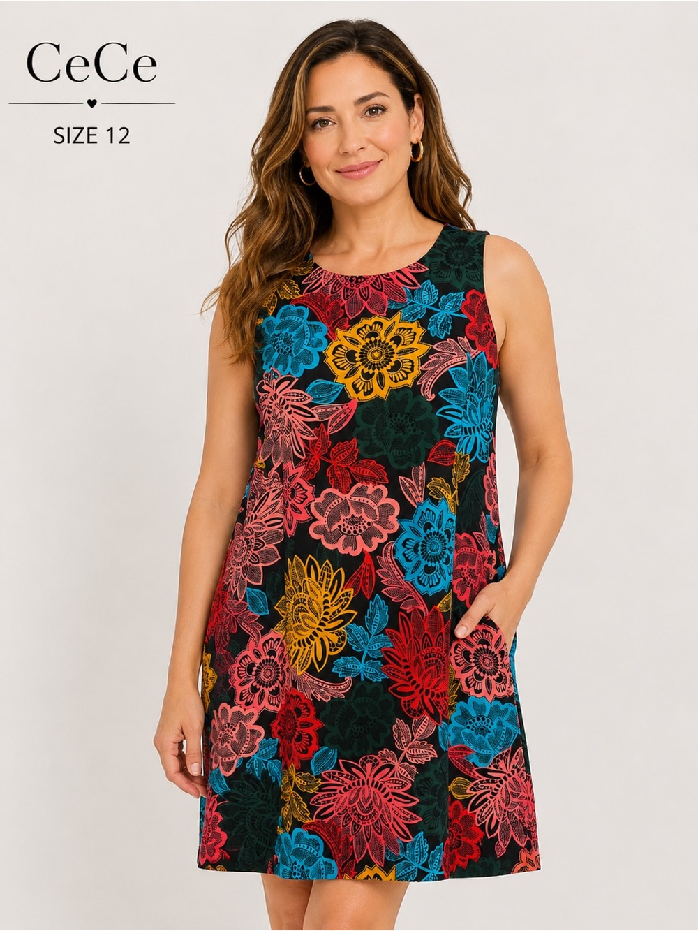 CeCe Floral Sleeveless Shift Dress Size 12 Black Multicolor Zip Back